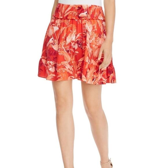 Guess Red Orange Floral Rona Smocked Skirt - Picture 1 of 7